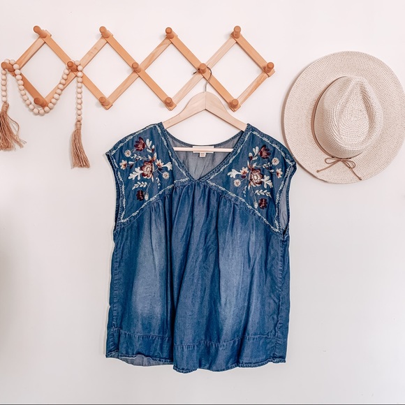 Knox Rose Tops - knox rose sleeveless denim floral embroidery top